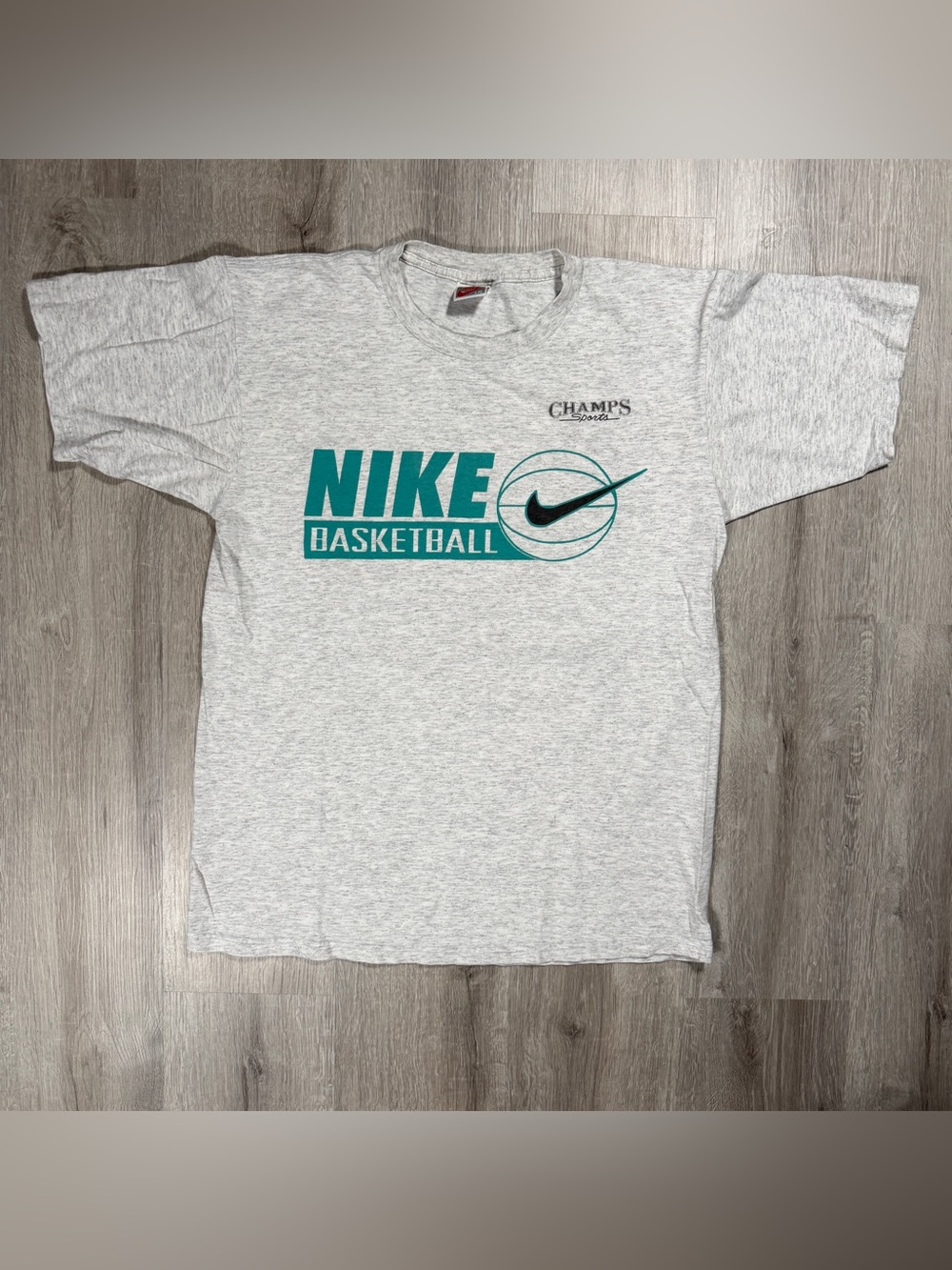 Vintage 90s Nike Basketball Graphic Tee - Heather Gray with Teal & Black Logo